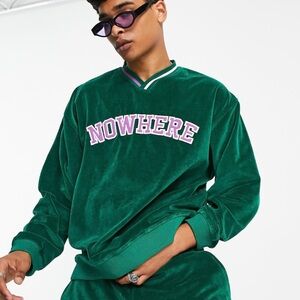 ASOS Green V-Neck Oversized Velour Men's Sweatshirt Medium